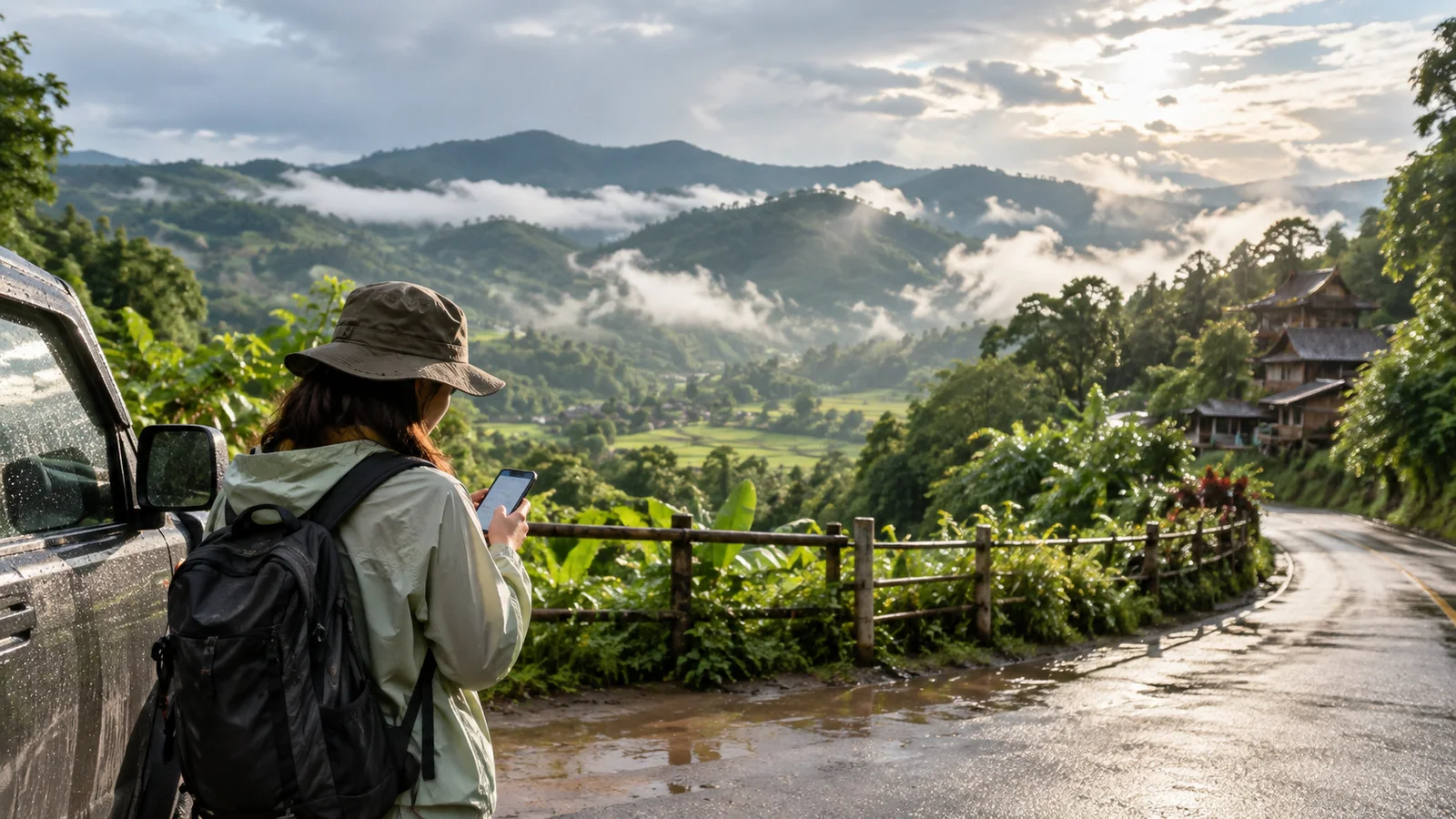 A traveler checks conditions beside a wet mountain road as clouds clear over green northern Thailand hills.