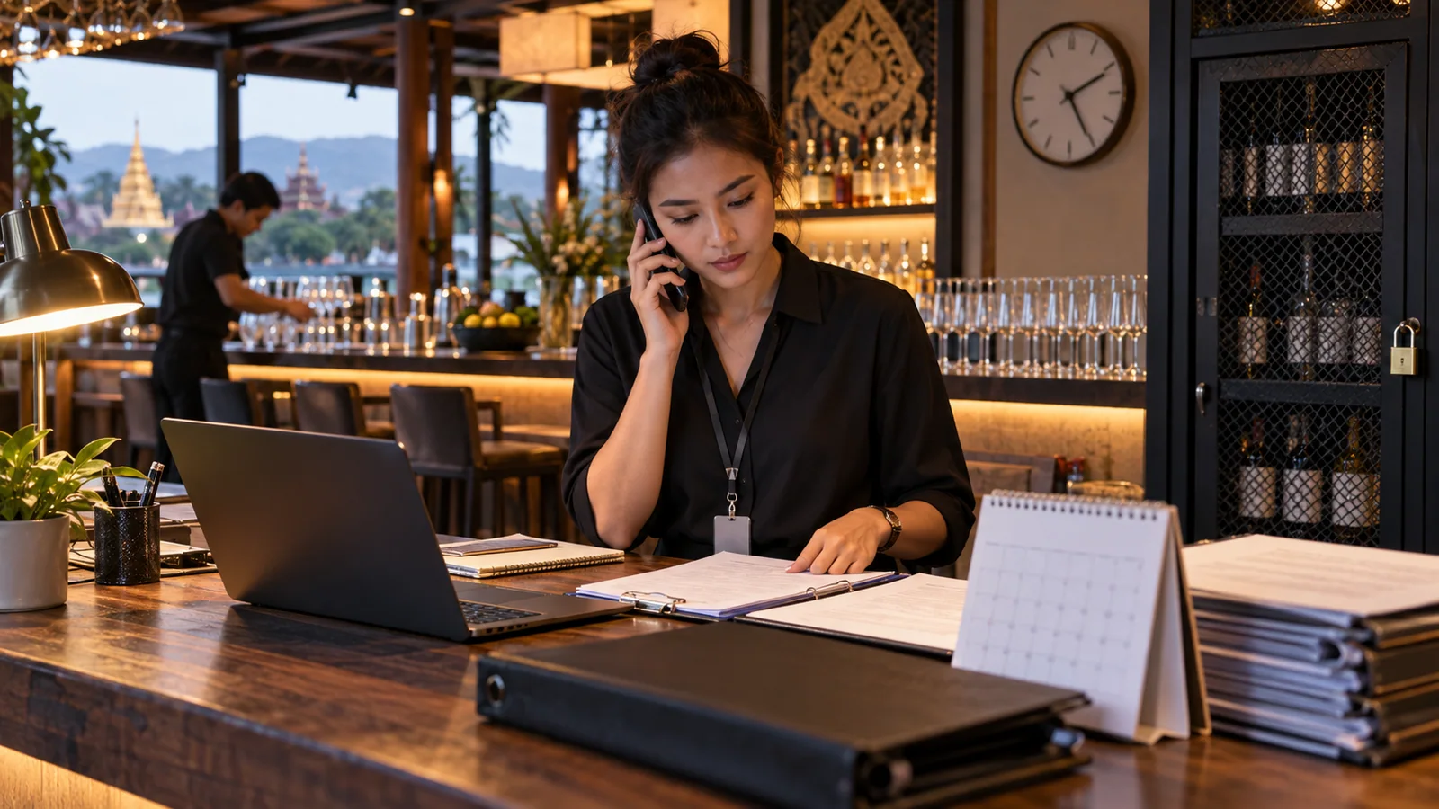 A Chiang Mai venue manager checks current event service rules before the bar opens.