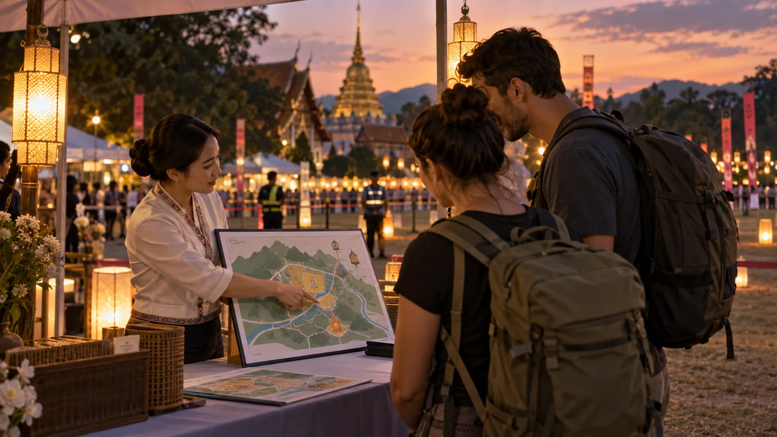 Visitors ask event staff to identify an approved lantern area at a controlled Chiang Mai celebration.